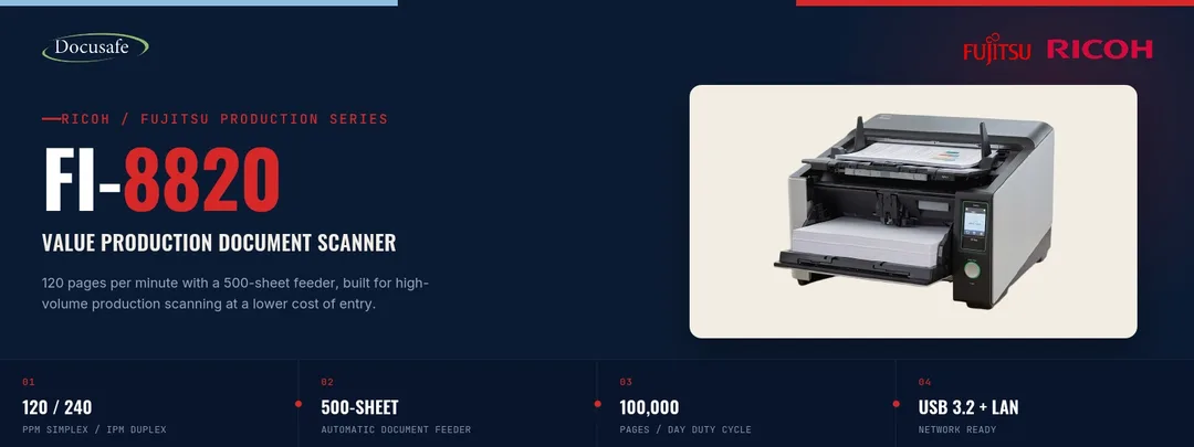 Promotional overview of the Ricoh fi-8930 high-performance workgroup scanner, highlighting 90 ppm/180 ipm duplex scanning, a 500-sheet feeder, A3 capability, a 9,000-page daily duty cycle, and flexible USB/Ethernet connectivity.