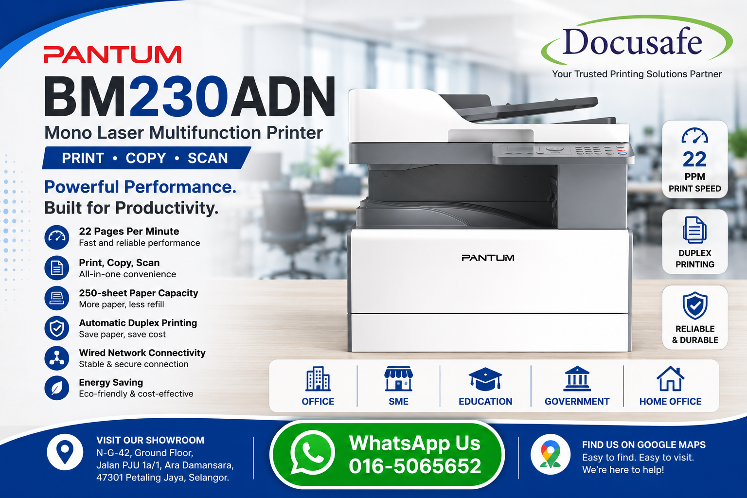 Pantum BM230ADN 3-in-1 Mono Laser Multifunction Printer - Docusafe Sdn Bhd Ara Damansara Petaling Jaya