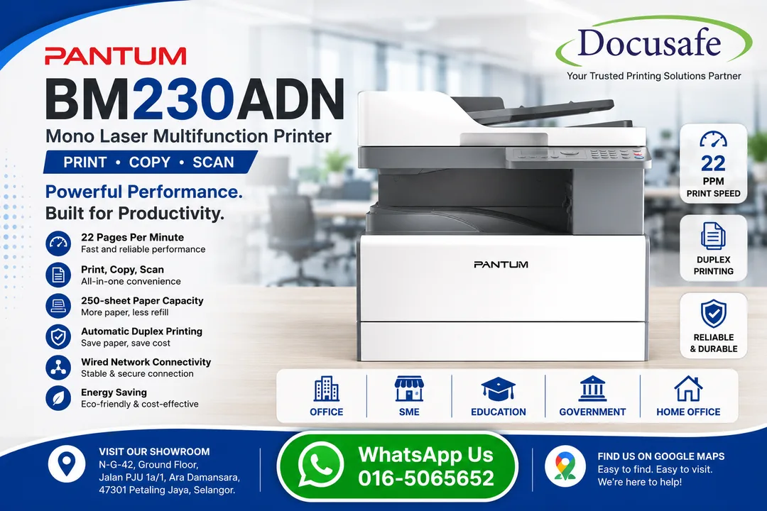 Pantum BM230ADN 3-in-1 Mono Laser Multifunction Printer - Docusafe Sdn Bhd Ara Damansara Petaling Jaya