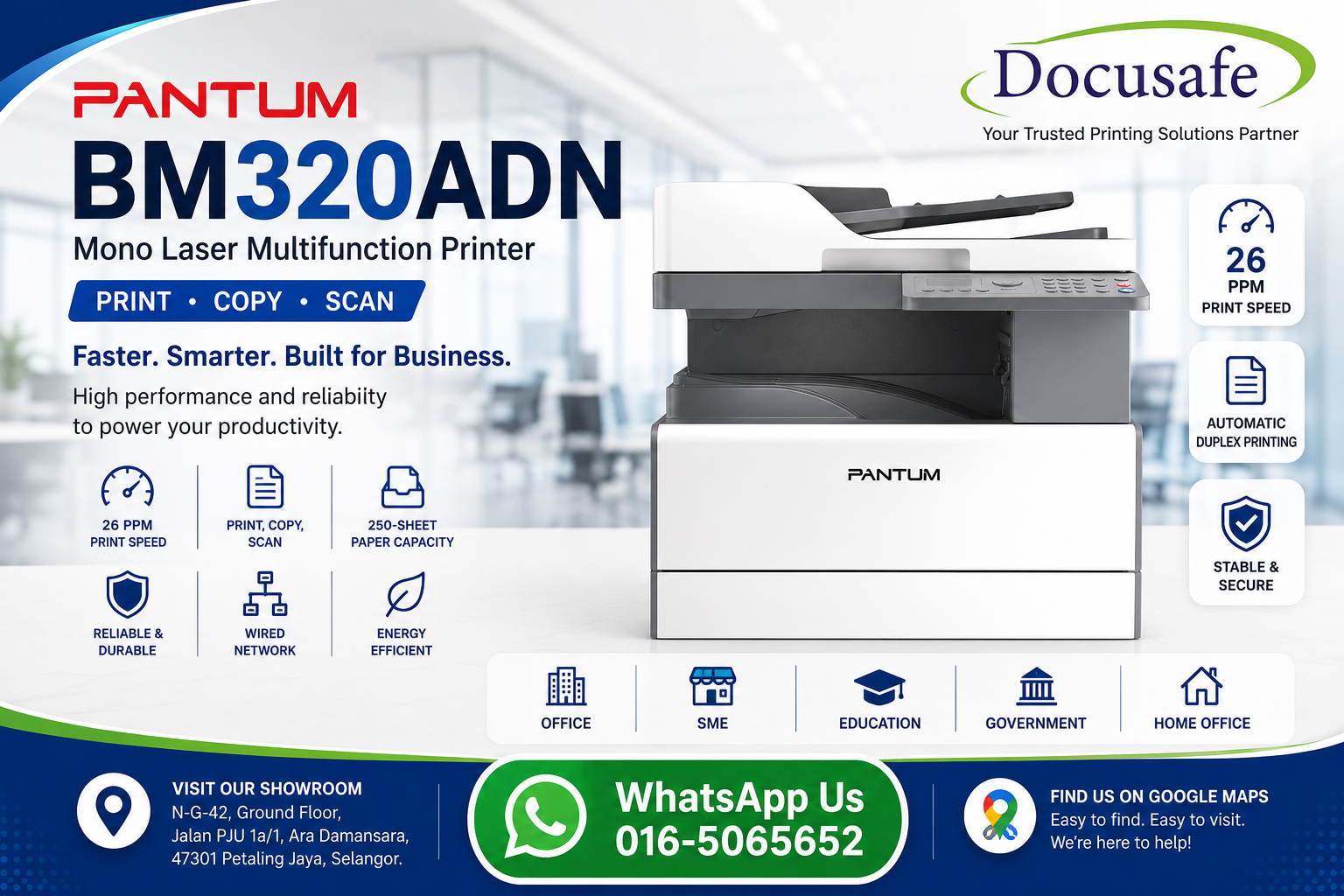 Pantum BM320ADN Mono Laser Multifunction Printer Front View - Docusafe