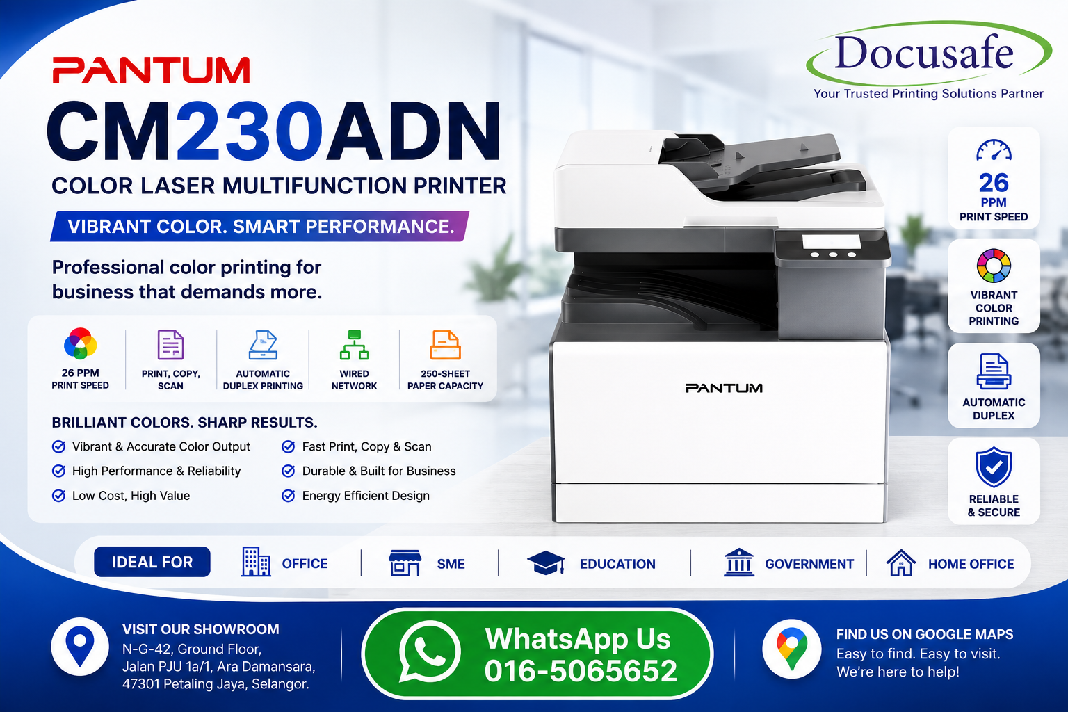 Pantum CM230ADN A3 Color Laser Multifunction Printer on display at Docusafe Sdn Bhd showroom in Ara Damansara